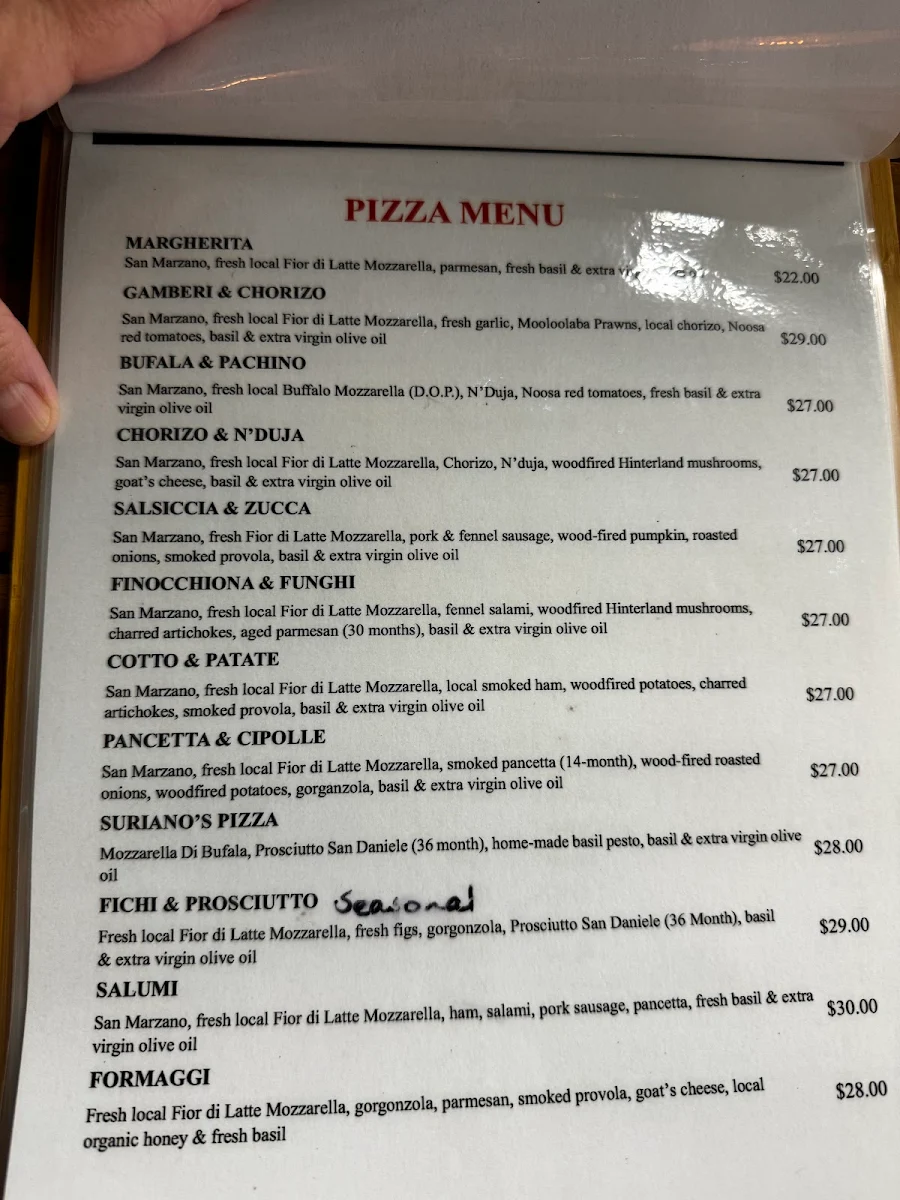 Menu, Suriano's