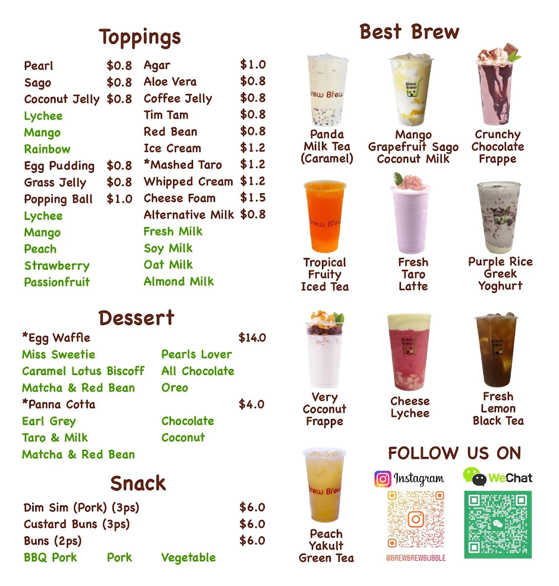 Menu, Brew Brew Bubble Tea