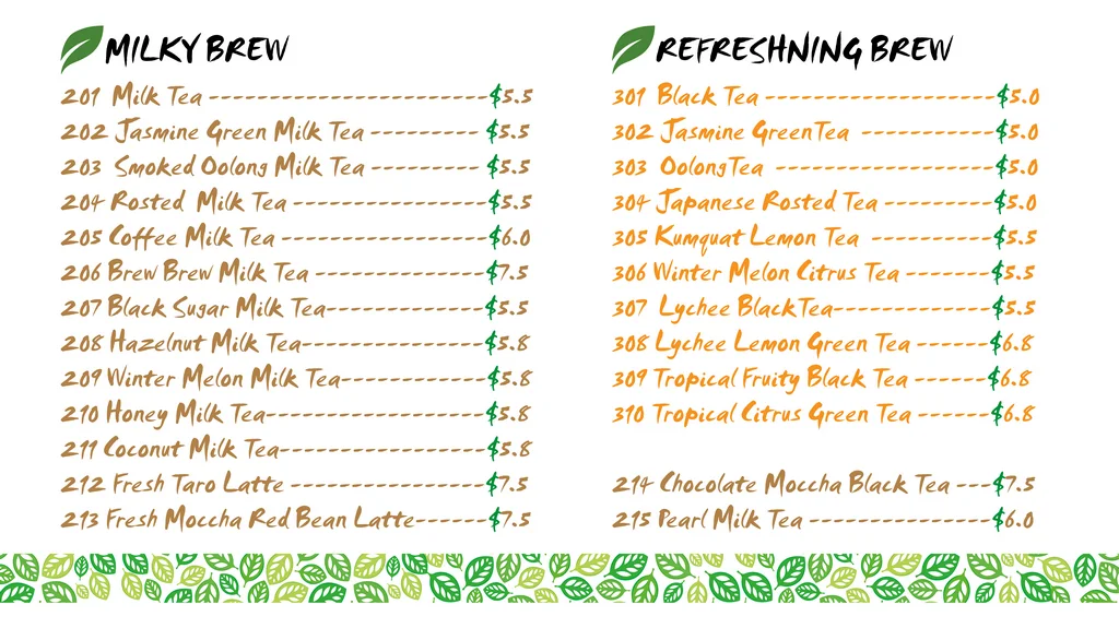 Menu, Brew Brew Bubble Tea