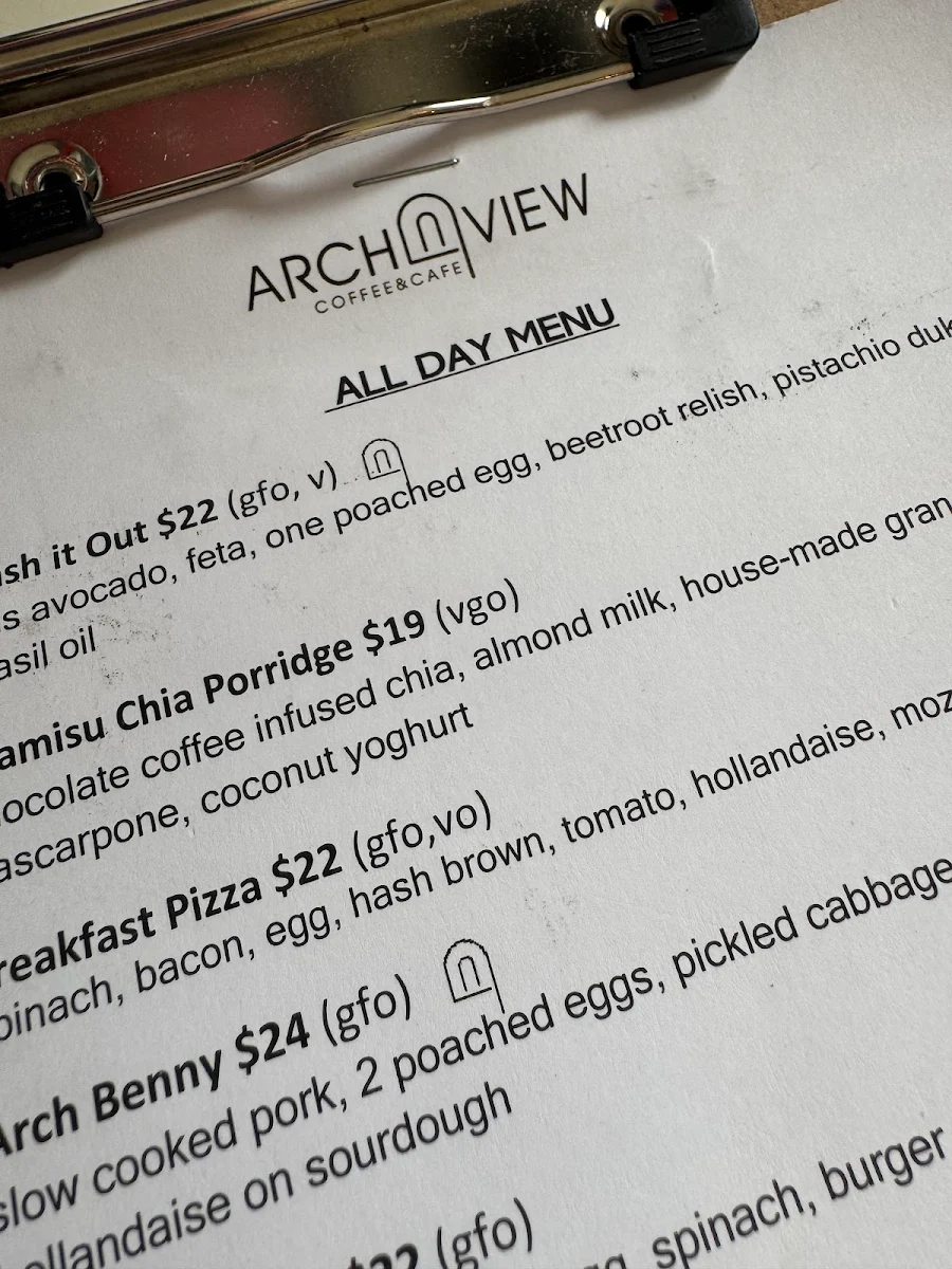 Menu, Arch View Cafe