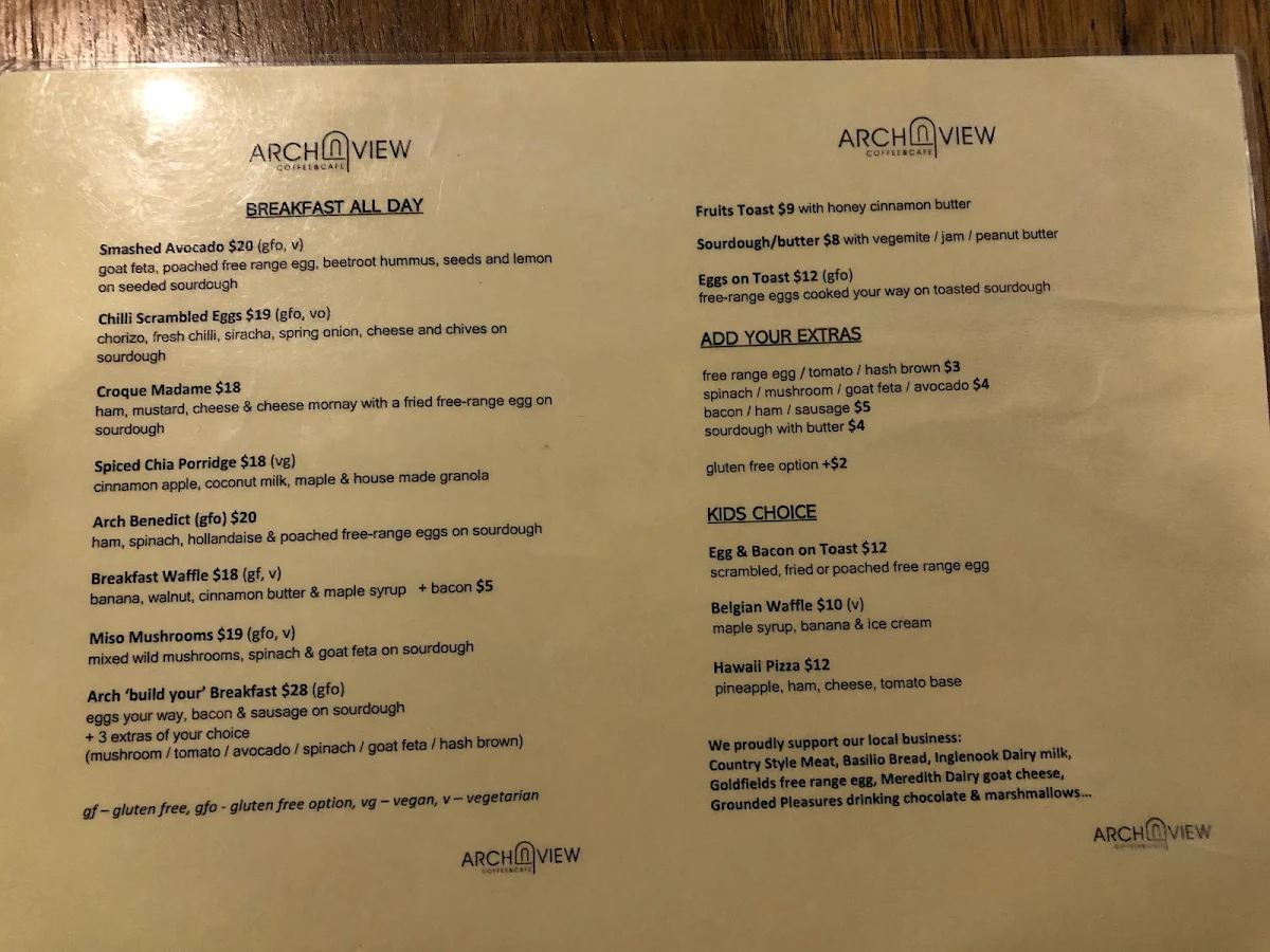 Menu, Arch View Cafe