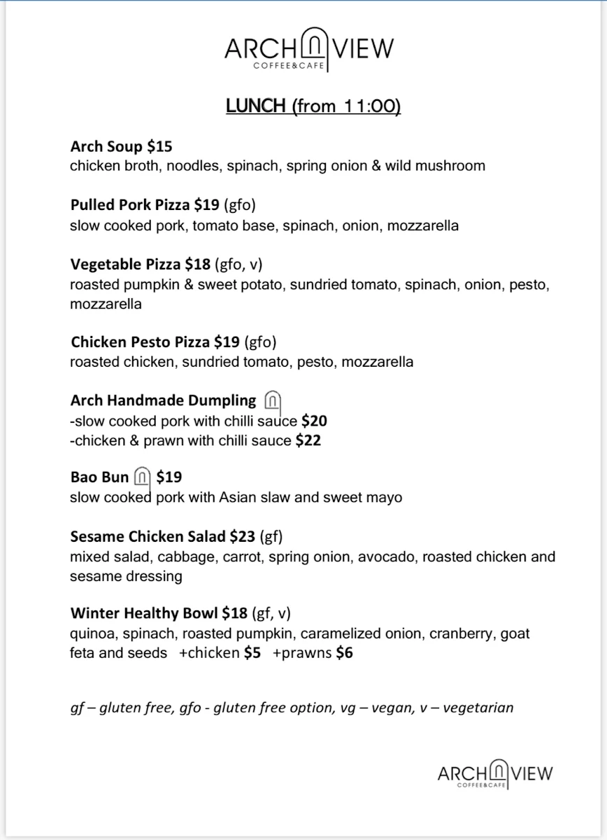 Menu, Arch View Cafe