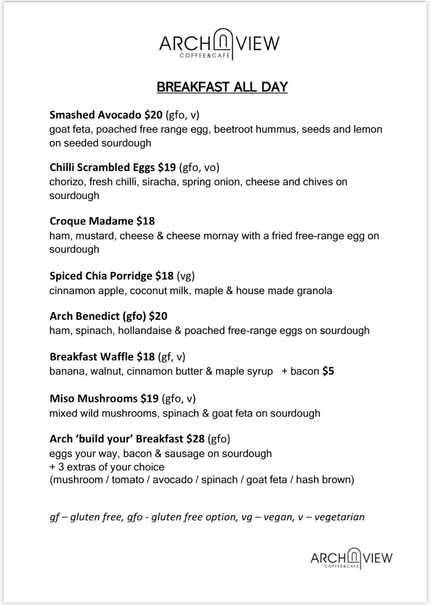 Menu, Arch View Cafe