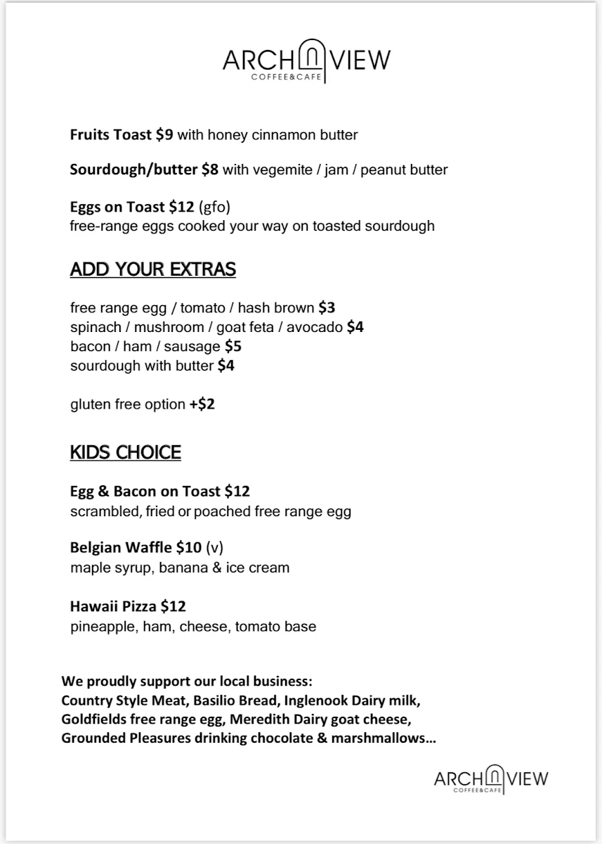 Menu, Arch View Cafe