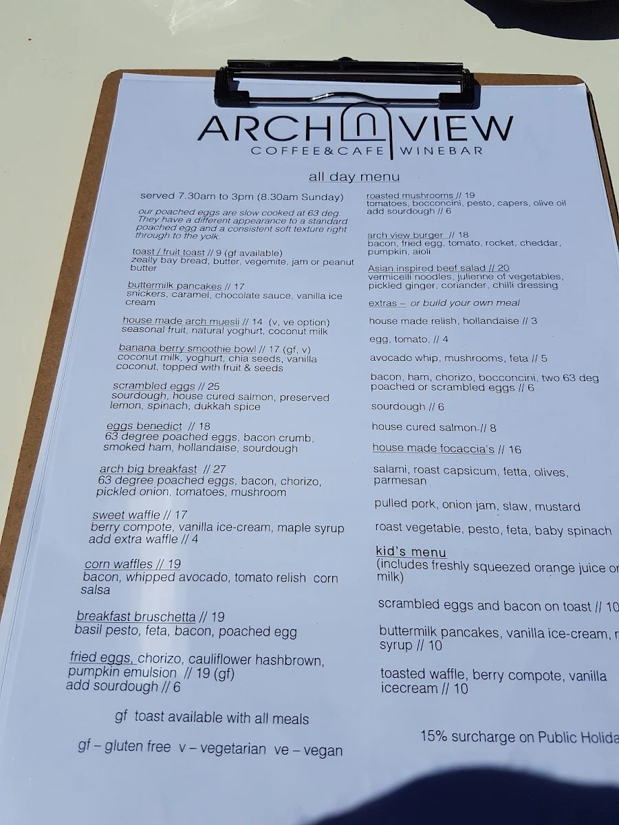 Menu, Arch View Cafe
