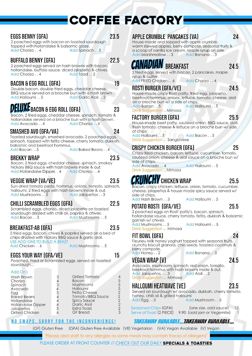 Menu, Coffee Factory Cafe