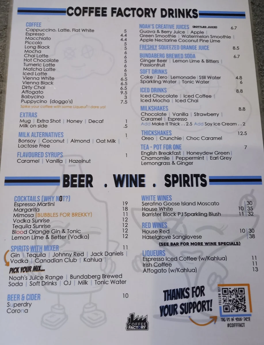 Menu, Coffee Factory Cafe