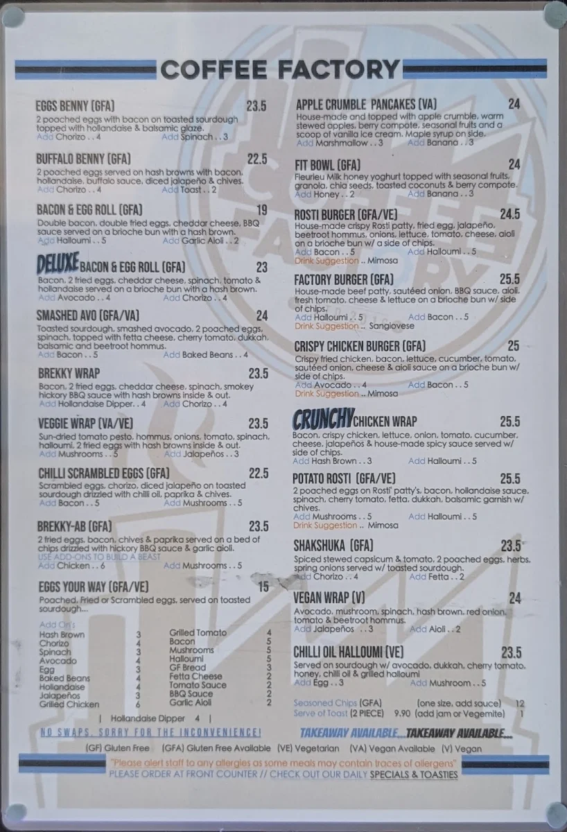 Menu, Coffee Factory Cafe