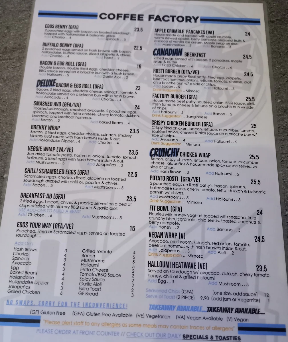 Menu, Coffee Factory Cafe