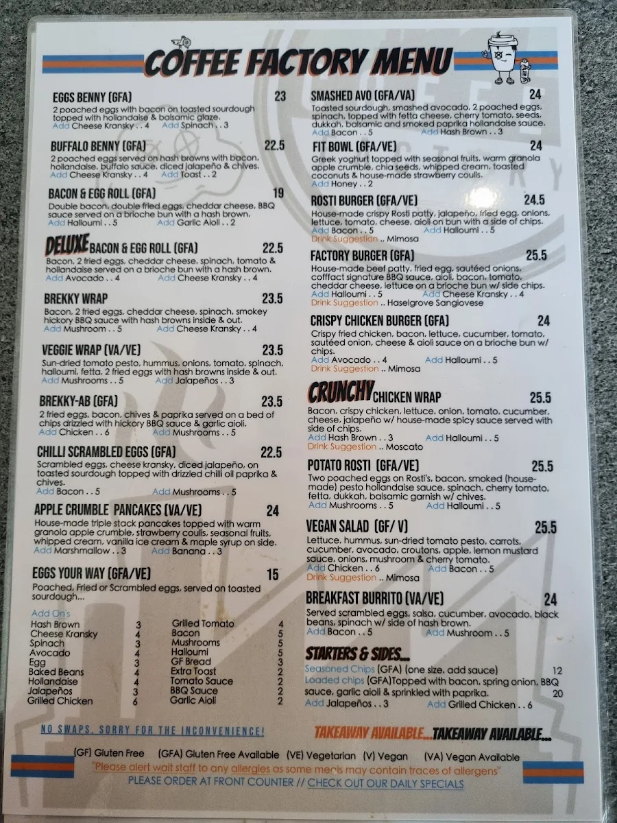 Menu, Coffee Factory Cafe
