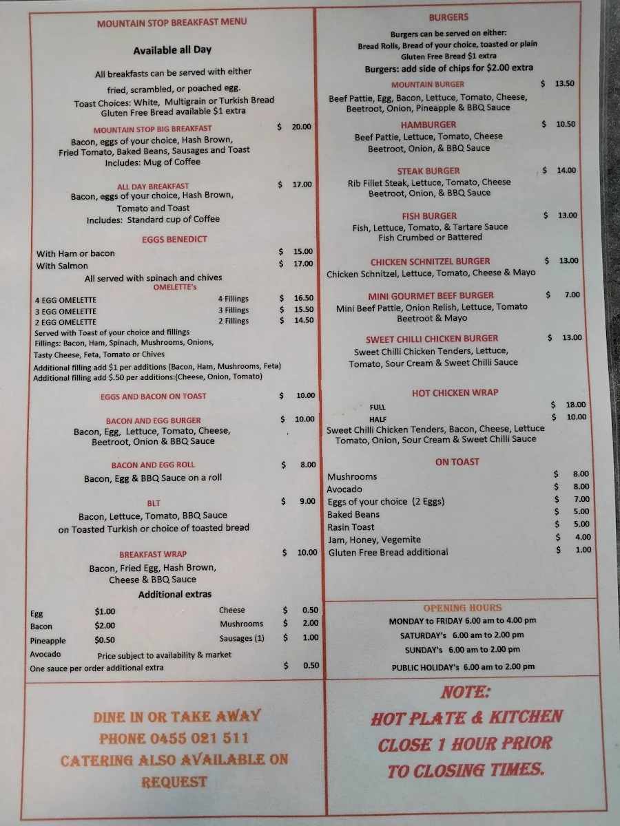 Menu, Mountain Stop Cafe