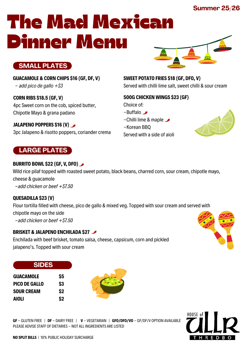 Menu, The Mad Mexican Thredbo