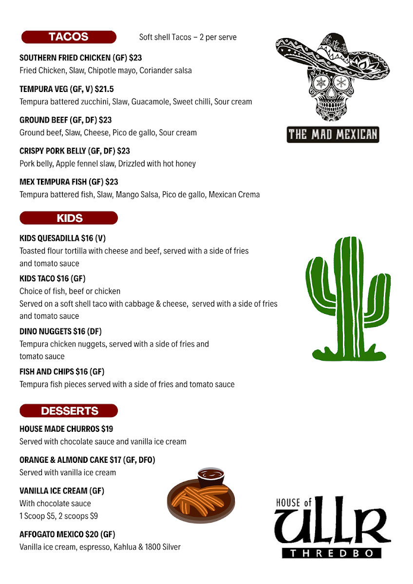 Menu, The Mad Mexican Thredbo