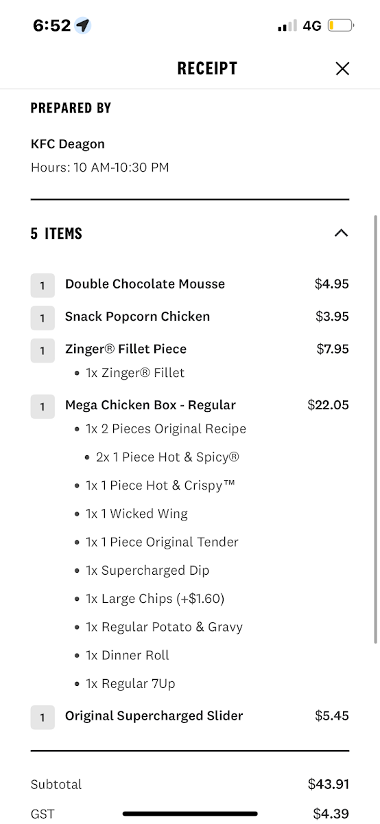 Menu, KFC Deagon