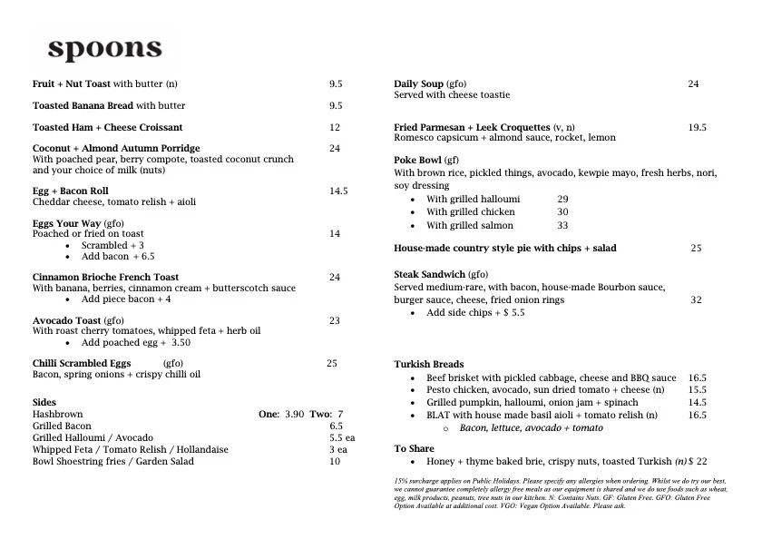 Menu, Spoons Riverside