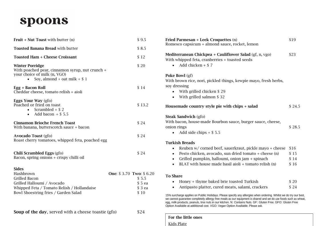 Menu, Spoons Riverside