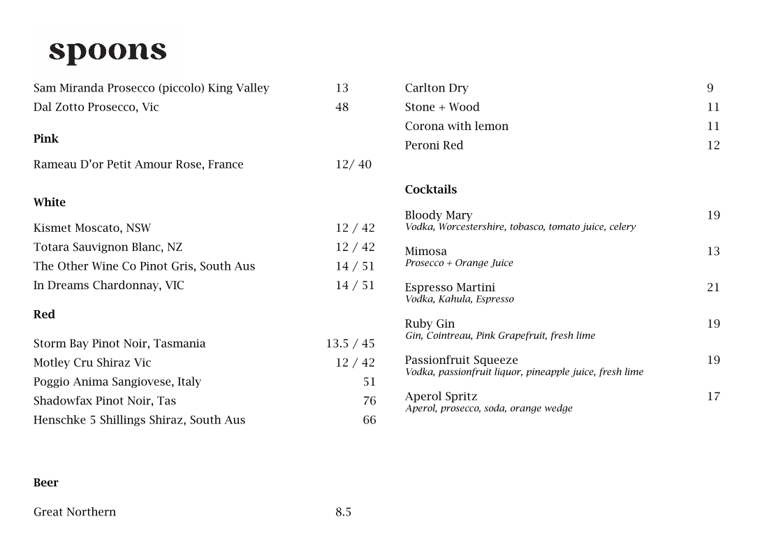 Menu, Spoons Riverside