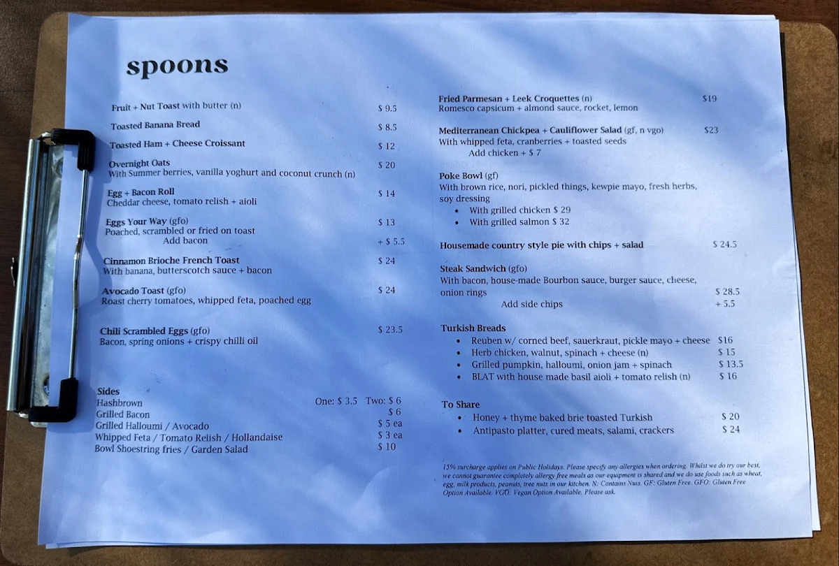 Menu, Spoons Riverside