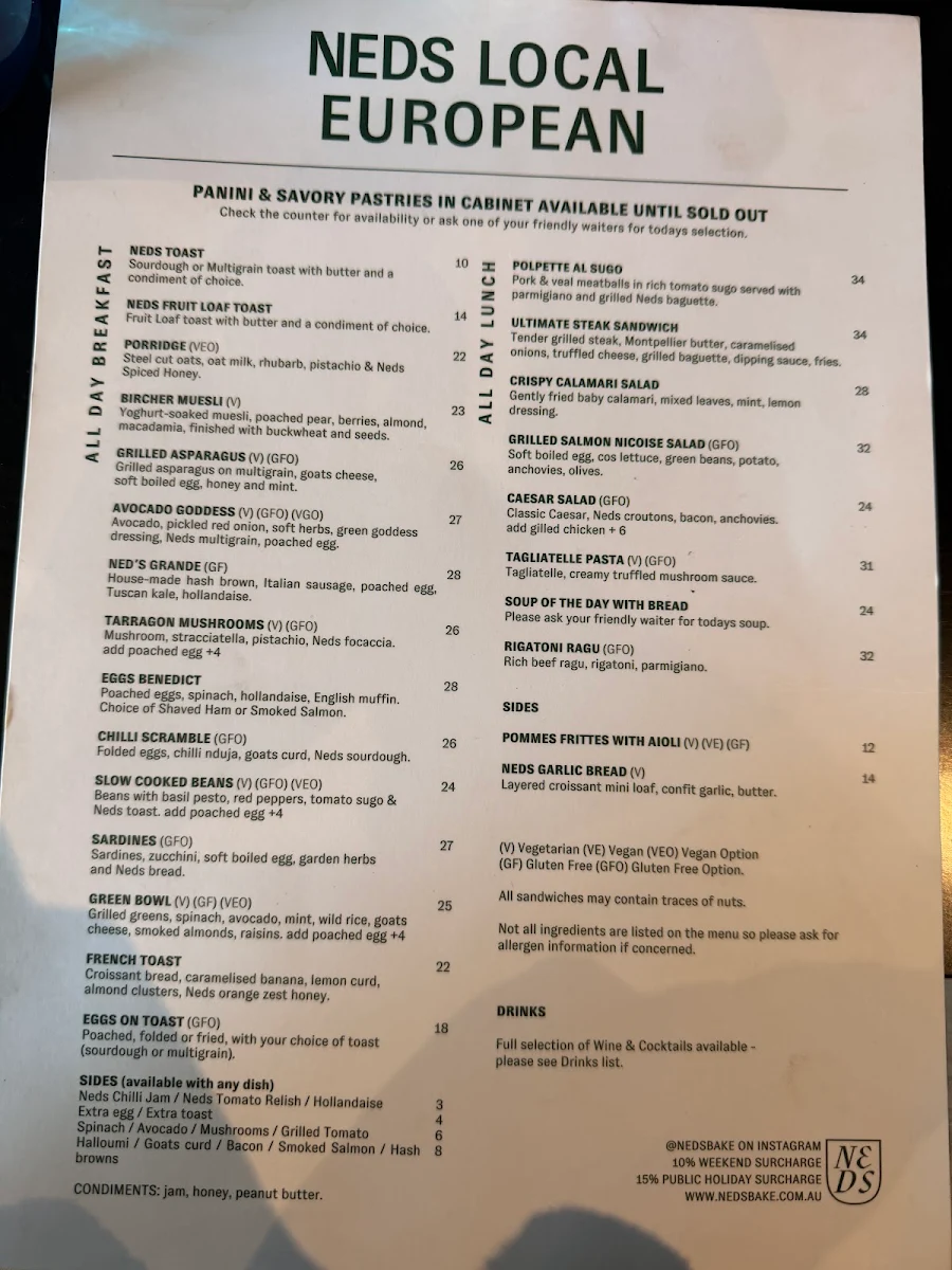 Menu, Ned's Albert Park