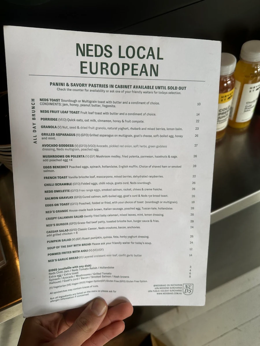 Menu, Ned's Albert Park