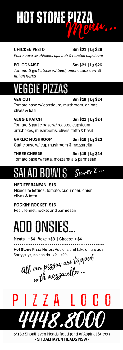 Menu, Pizza LOCO!