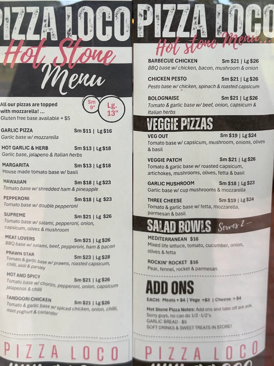 Menu, Pizza LOCO!