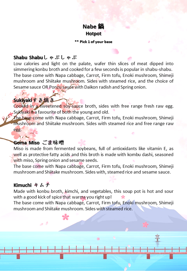 Menu, Mr Shabu Shabu