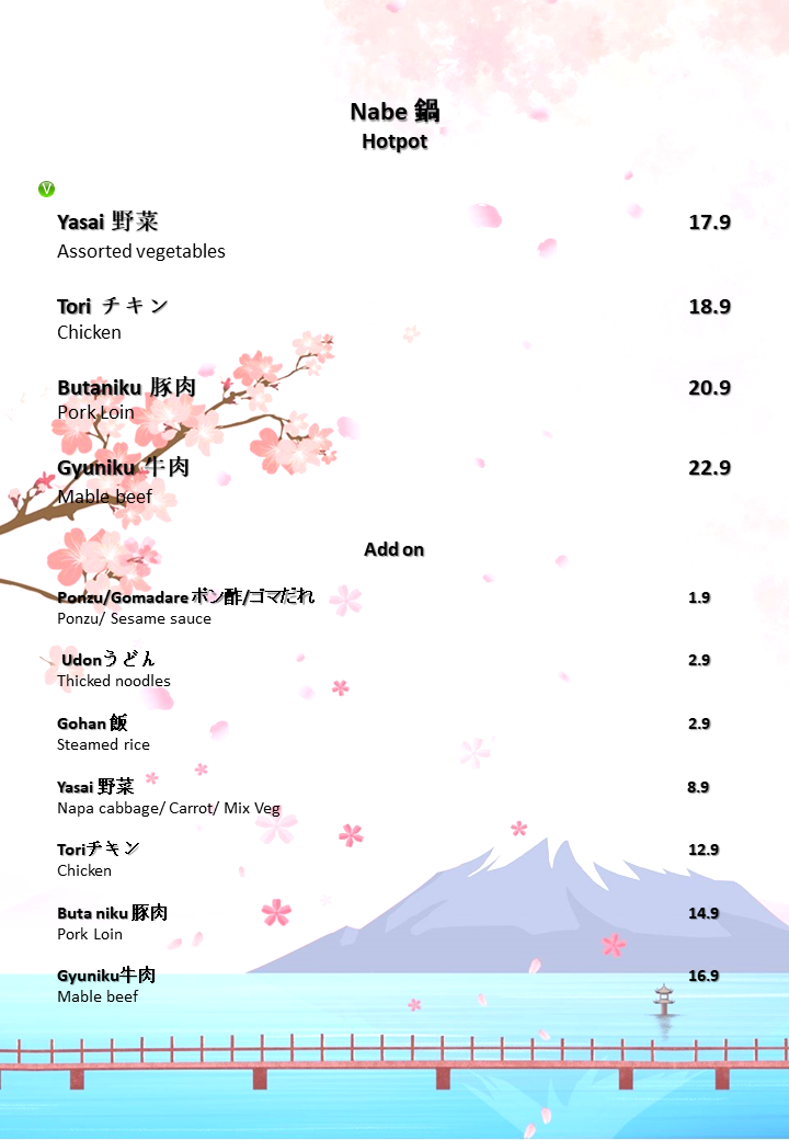 Menu, Mr Shabu Shabu