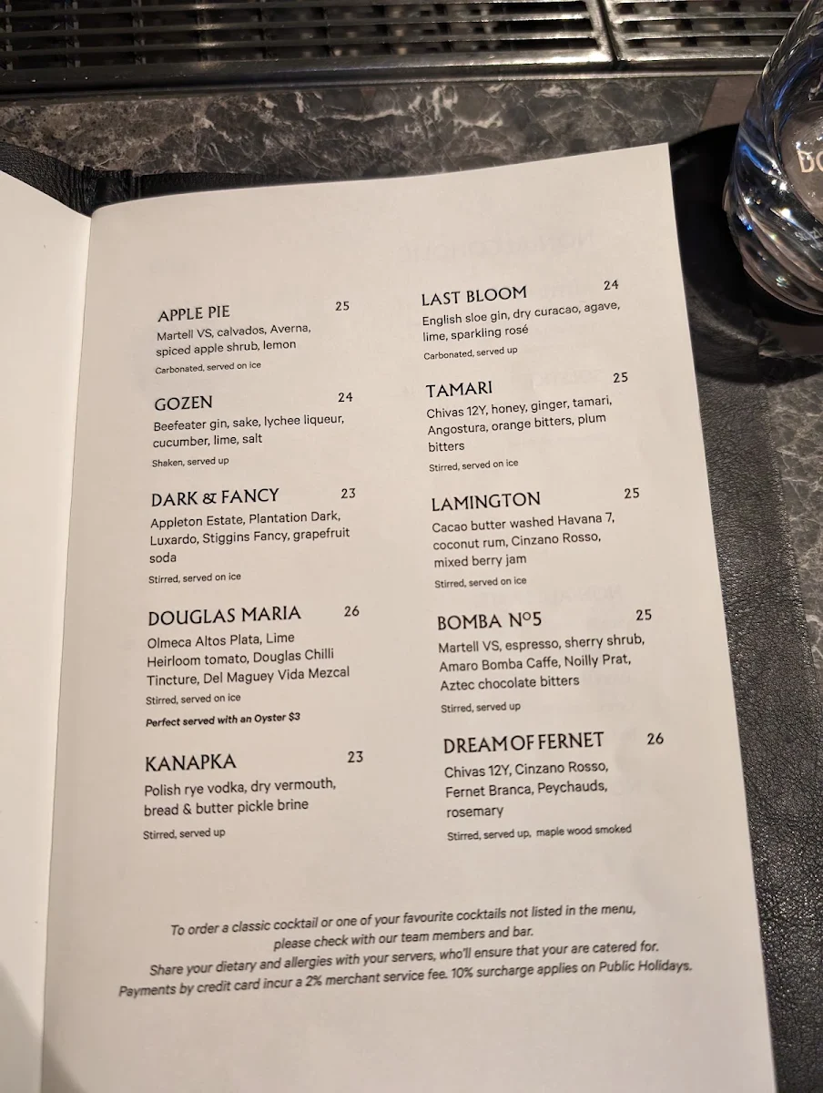 Menu, The Douglas Club