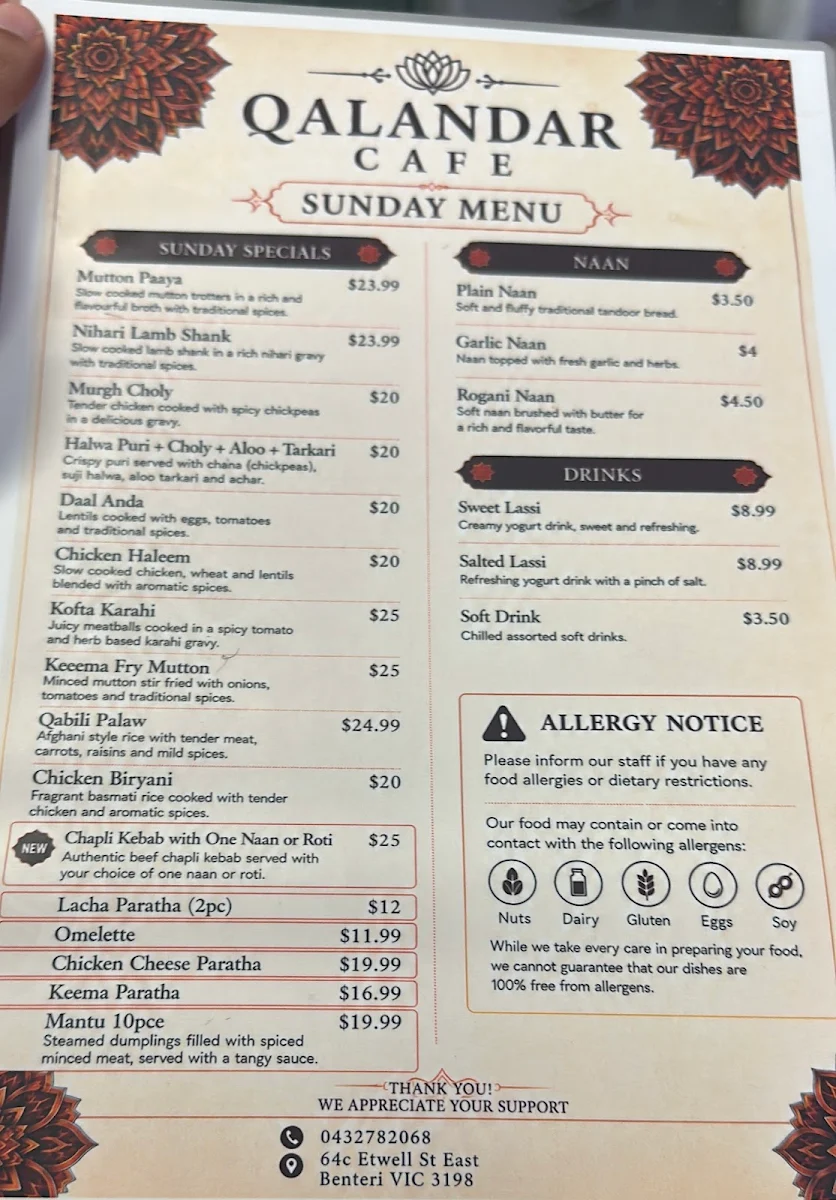 Menu, Qalandar Cafe