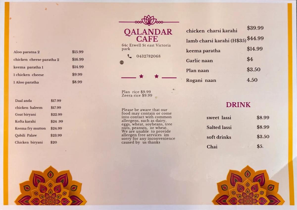 Menu, Qalandar Cafe