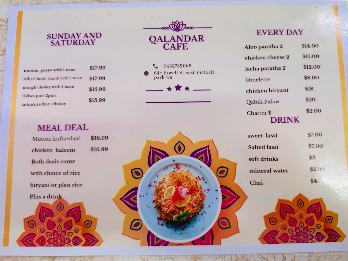Menu, Qalandar Cafe