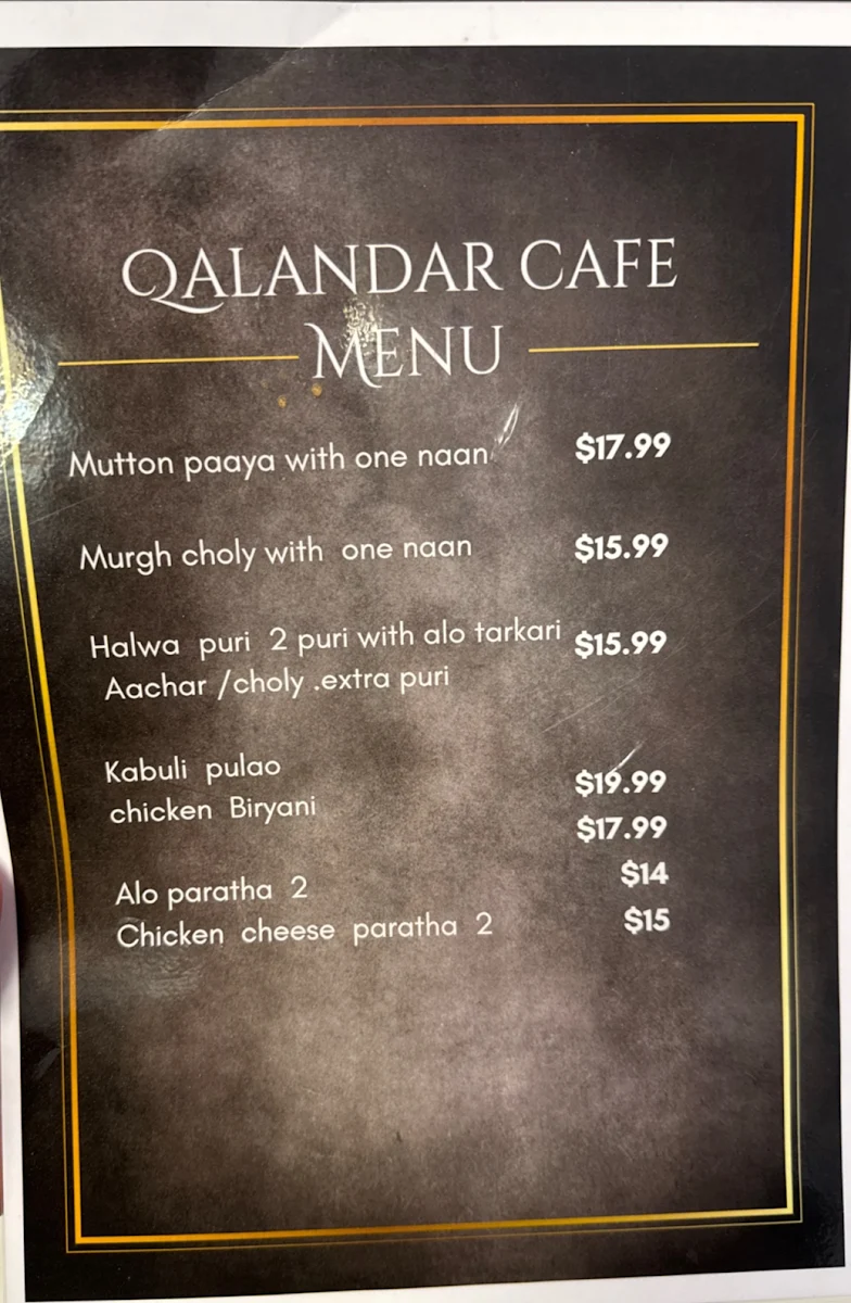 Menu, Qalandar Cafe