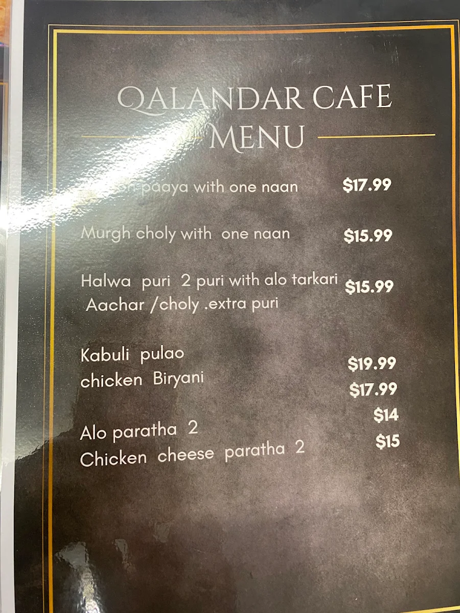 Menu, Qalandar Cafe