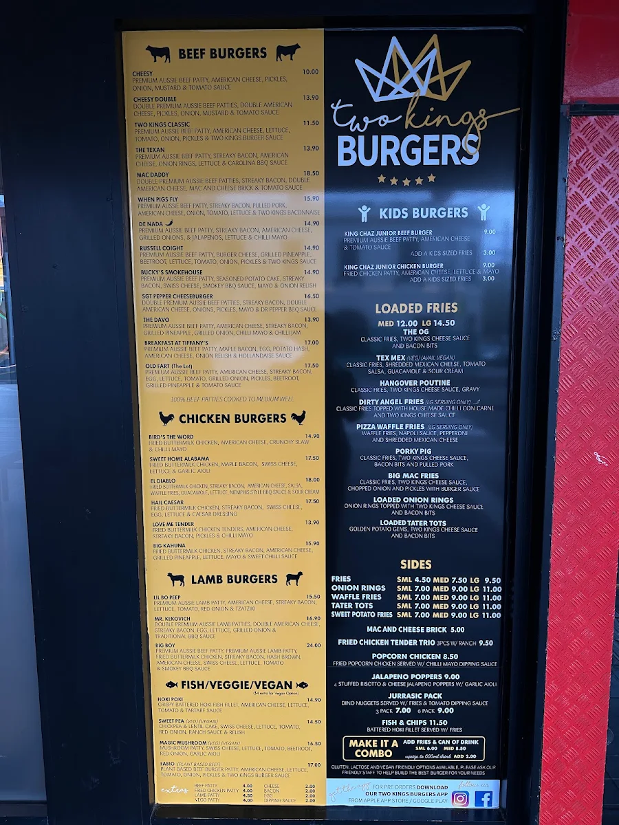 Menu, Two Kings Burgers
