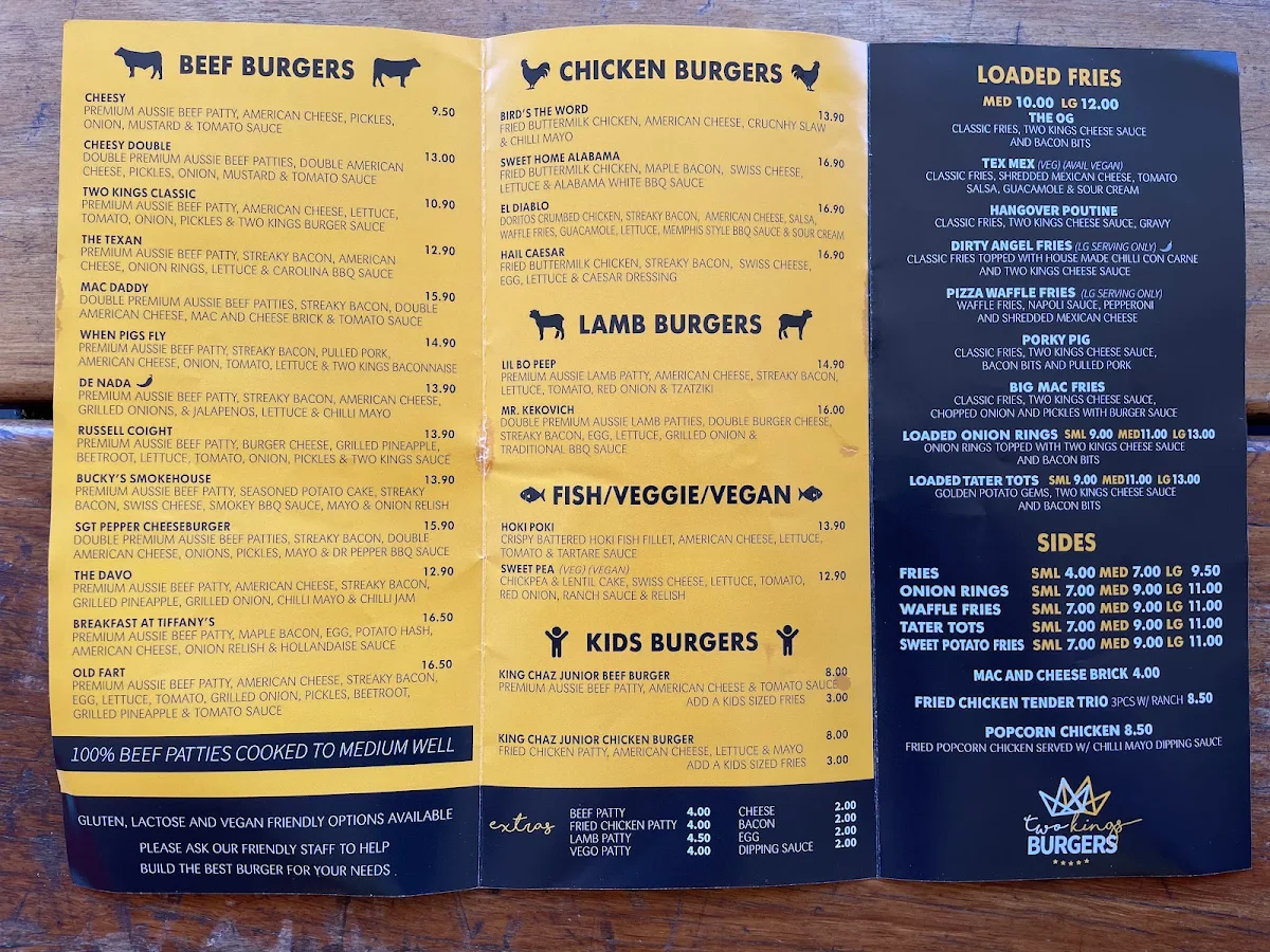 Menu, Two Kings Burgers