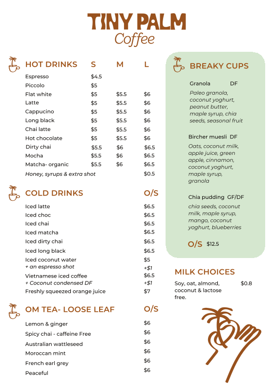 Menu, Tiny Palm Coffee