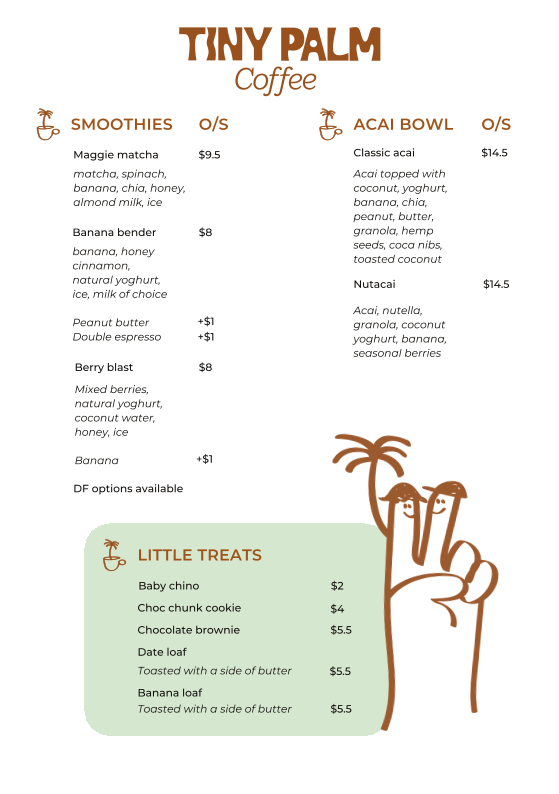 Menu, Tiny Palm Coffee