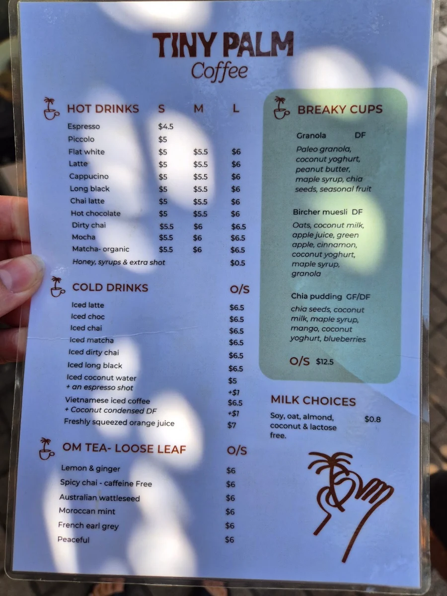 Menu, Tiny Palm Coffee