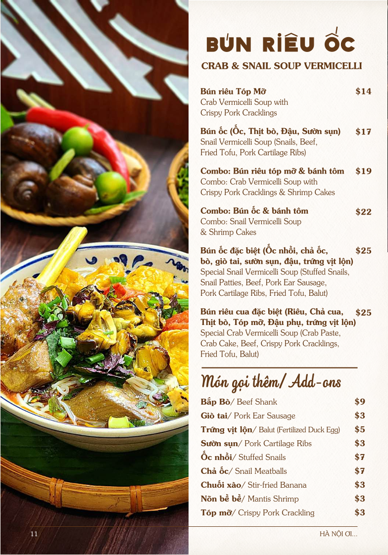 Menu, Ha Noi Oi Vietnamese Restaurant