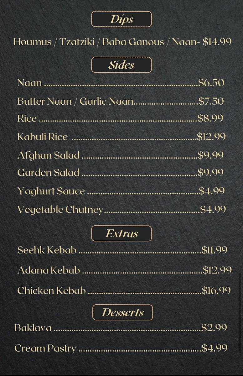 Menu, KARWAN AFGHAN RESTAURANT