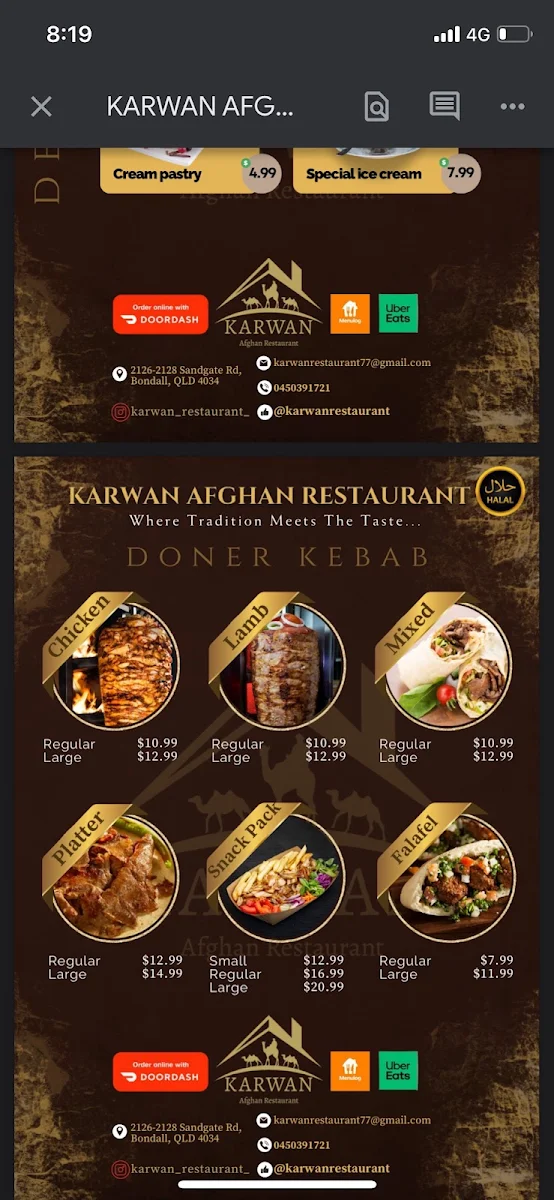 Menu, KARWAN AFGHAN RESTAURANT