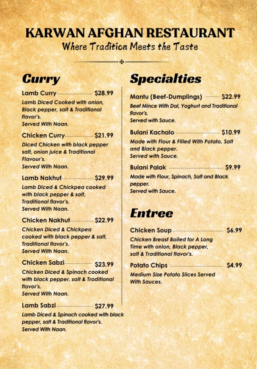 Menu, KARWAN AFGHAN RESTAURANT