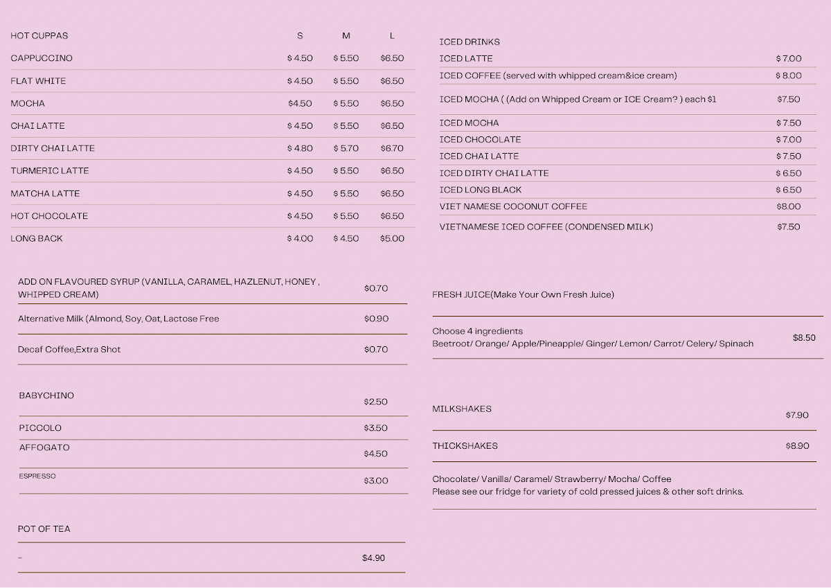 Menu, The Seava