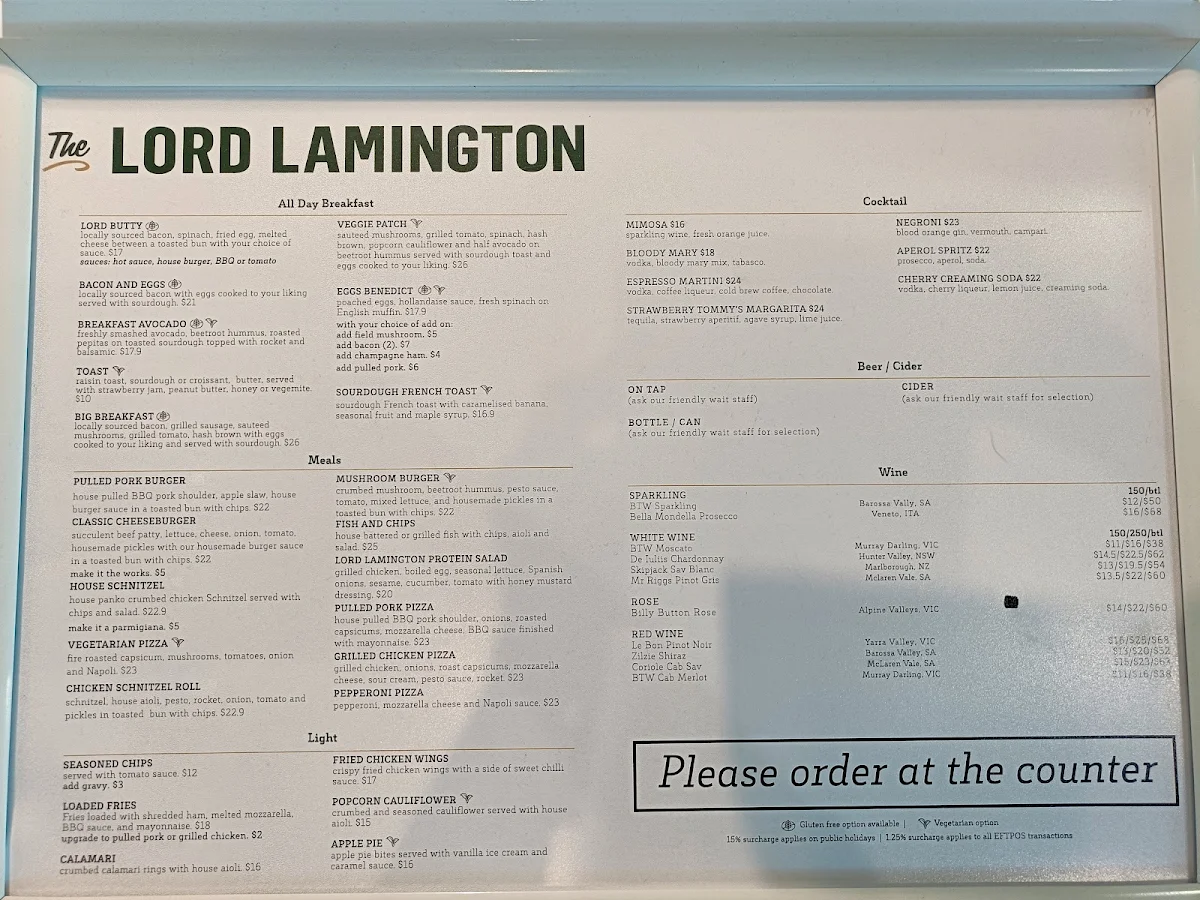 Menu, The Lord Lamington Bar Bistro