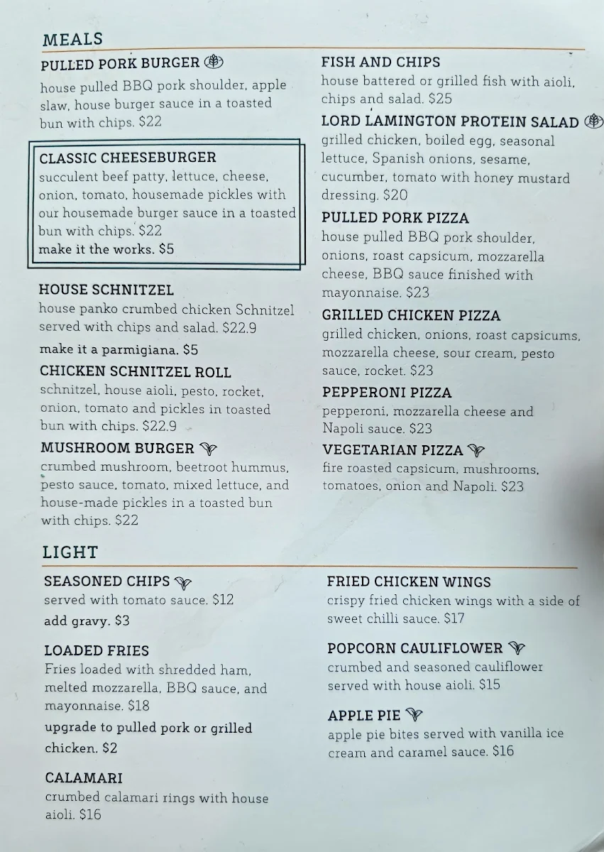Menu, The Lord Lamington Bar Bistro