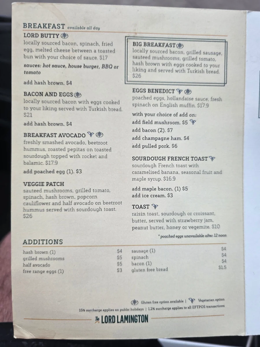 Menu, The Lord Lamington Bar Bistro