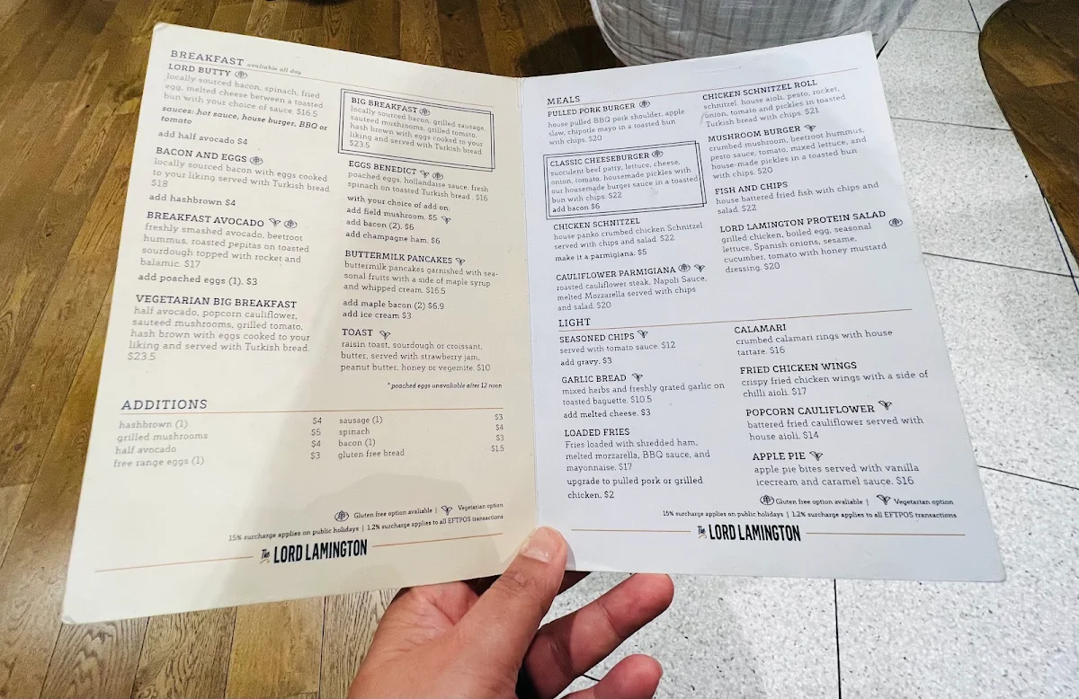 Menu, The Lord Lamington Bar Bistro