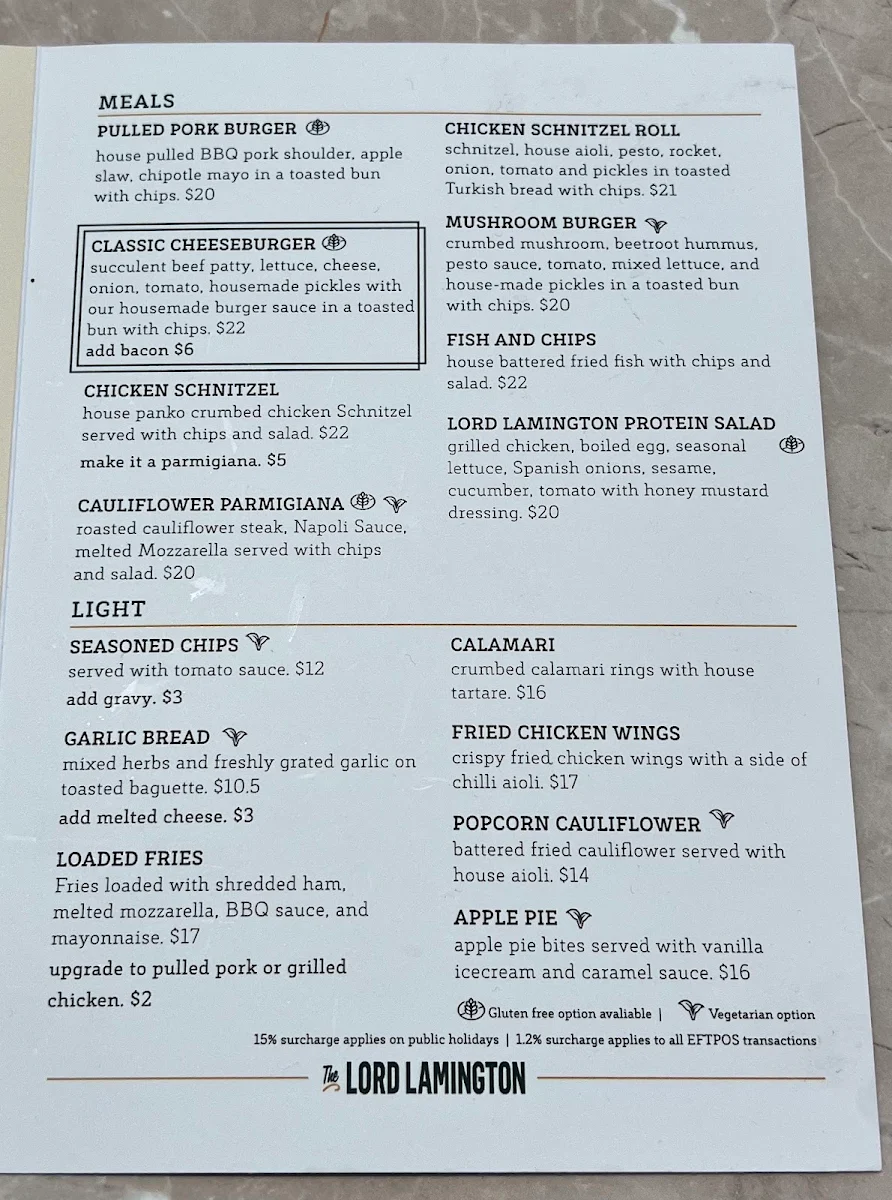 Menu, The Lord Lamington Bar Bistro