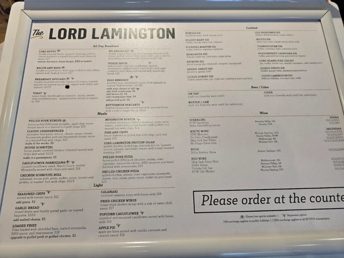 Menu, The Lord Lamington Bar Bistro